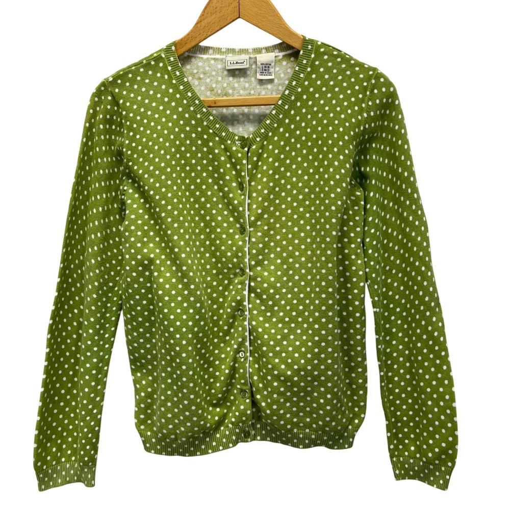 VTG Y2K LLBean Womens Green White Polka Dot Cotton Cardigan Sweater Size L 14 16
